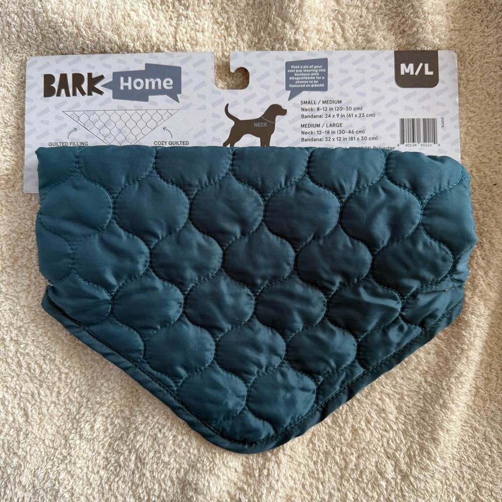 Bark Home Quilted Dog Bandana - Teal size M/L - quilted and filled for warmth